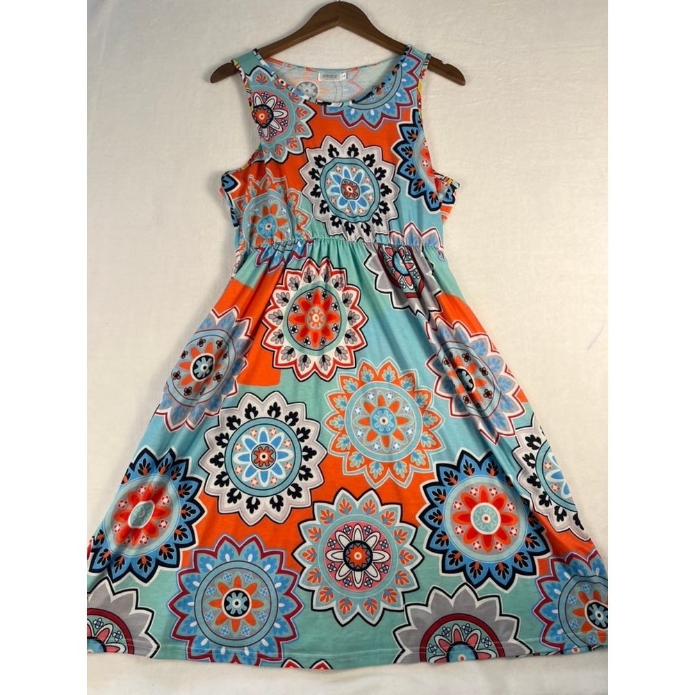 LG Midi Dress Teal Orange Mandala Print Hippie Boho Cottage Eclectic Summer Art